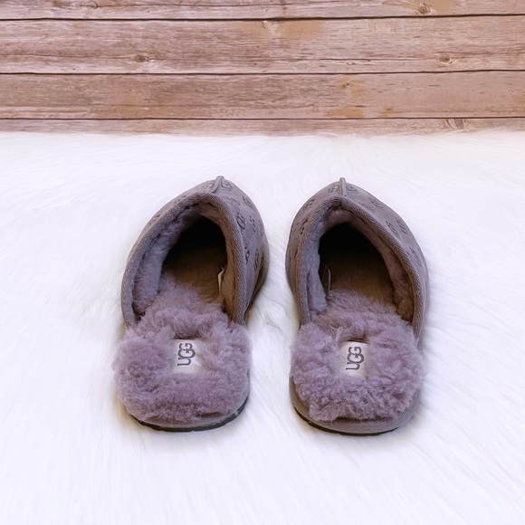 UGG Women’s Pearle Embossed Logo Stormy Grey Suede Slippers - Picture 5 of 8